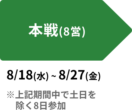 本戦 ： 8/18~8/27(8営) 